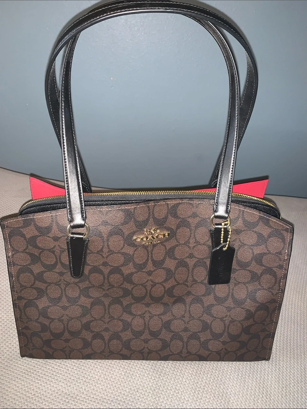 Coach Brown Signature Canvas Tote with Black Straps and Gold Hardware